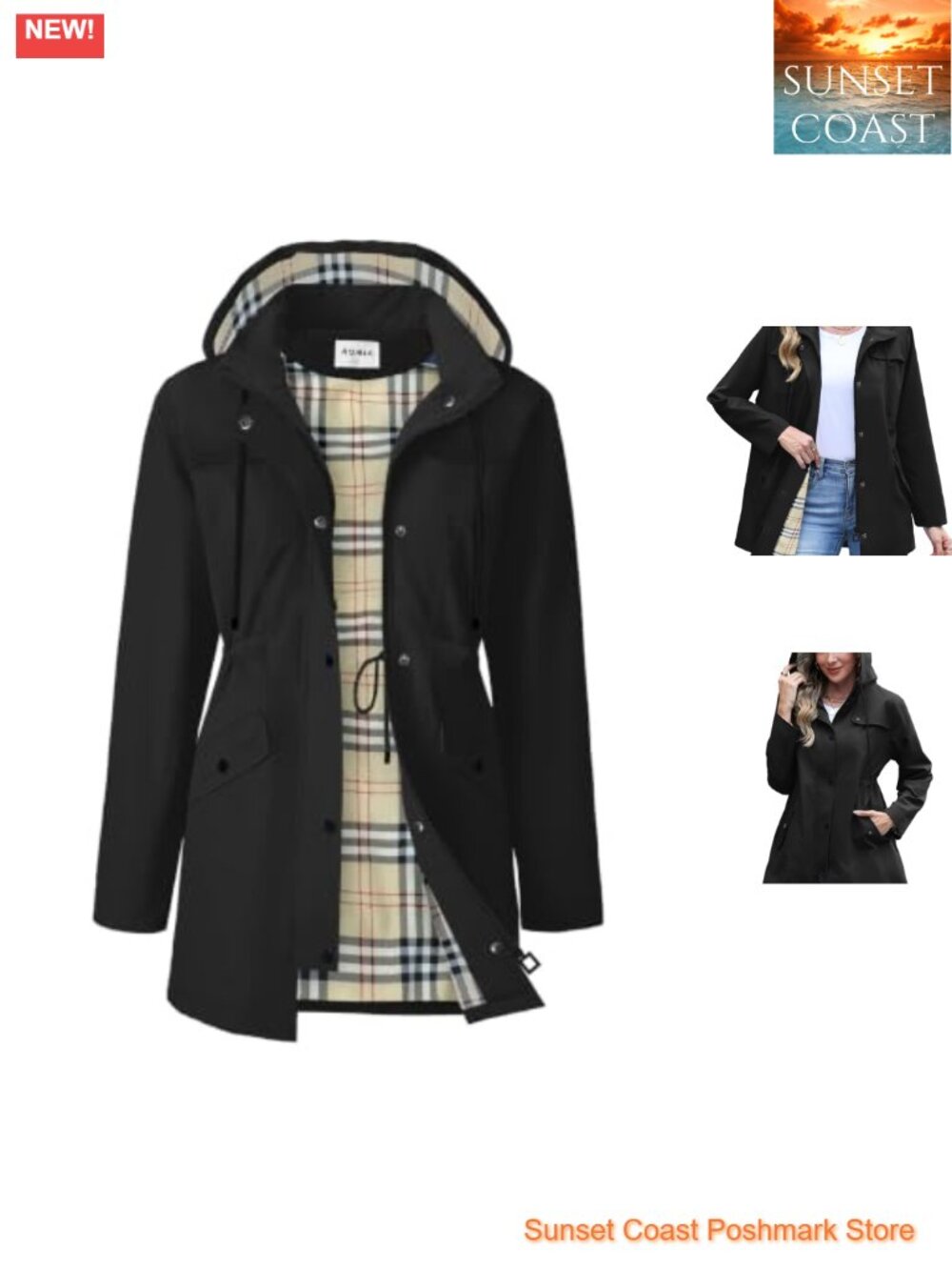 Women Waterproof Long Hooded Raincoat Lined Windbreaker Trench Coat
